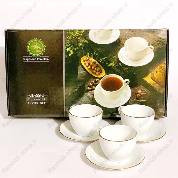 سرویس چایخوری 12 پارچه 6 نفره چینی مقصود مدل لب طلا کد B16491